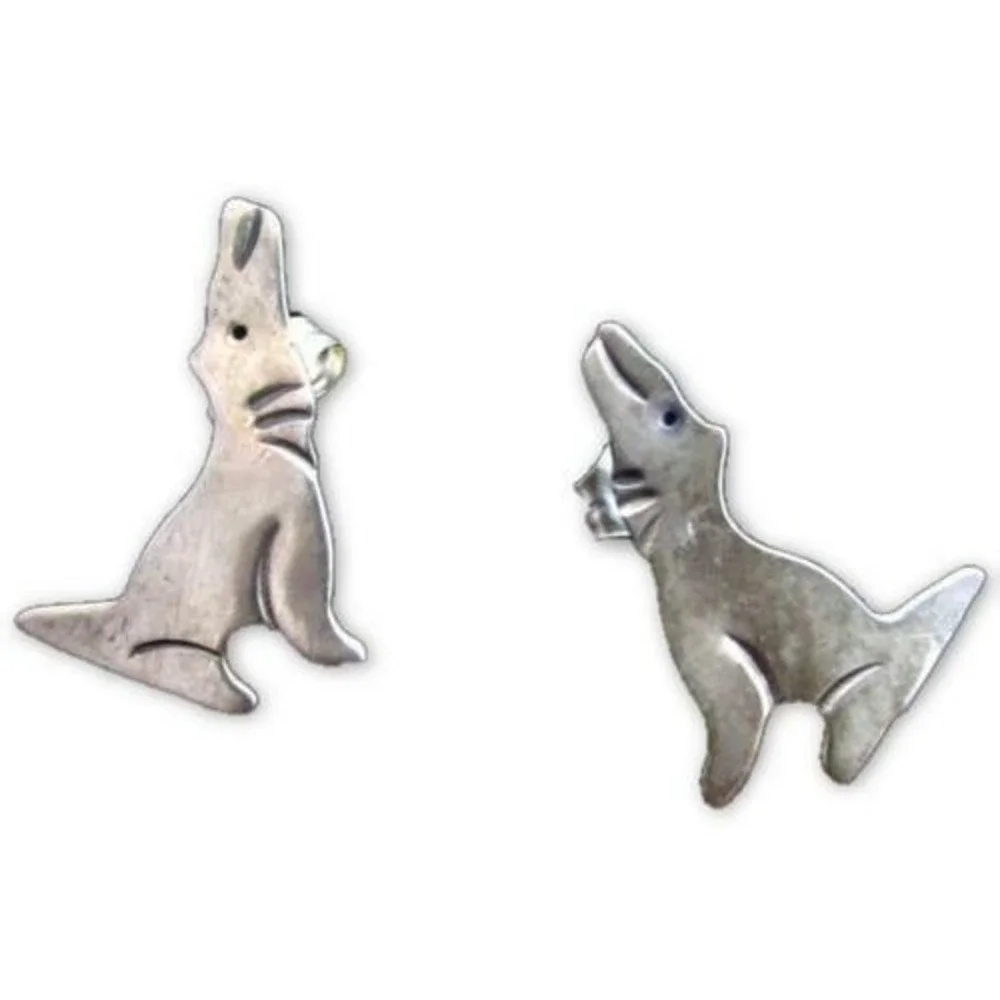 Vintage Southwestern Sterling‎ Silver Etched Howling WOLF Stud Earrings*925